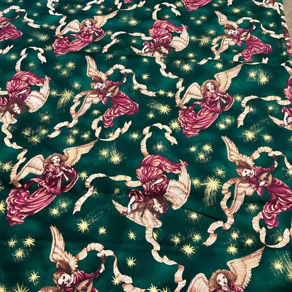 Christmas Winged Angels w/ Instruments Green Gold Fabric Original R.E.D. 3 Yd